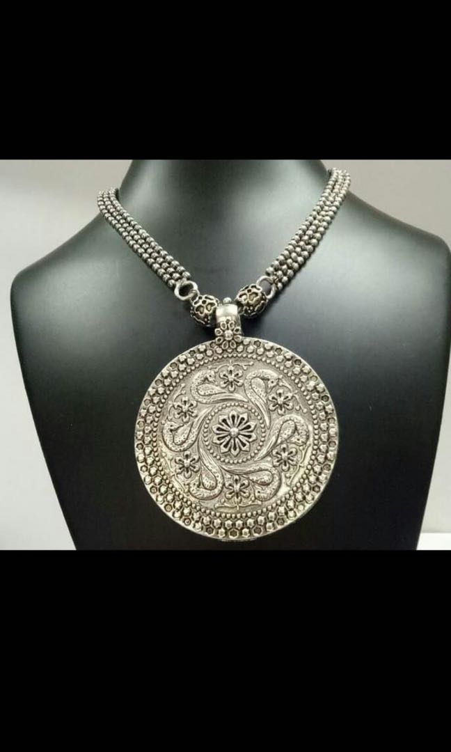 Long Silver Oxidised Round Pendant Necklace Women S Fashion Jewelry Organisers Necklaces On Carousell