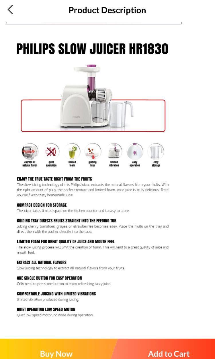 Philips Slow Juicer HR1830, TV & Home Appliances, Kitchen Appliances