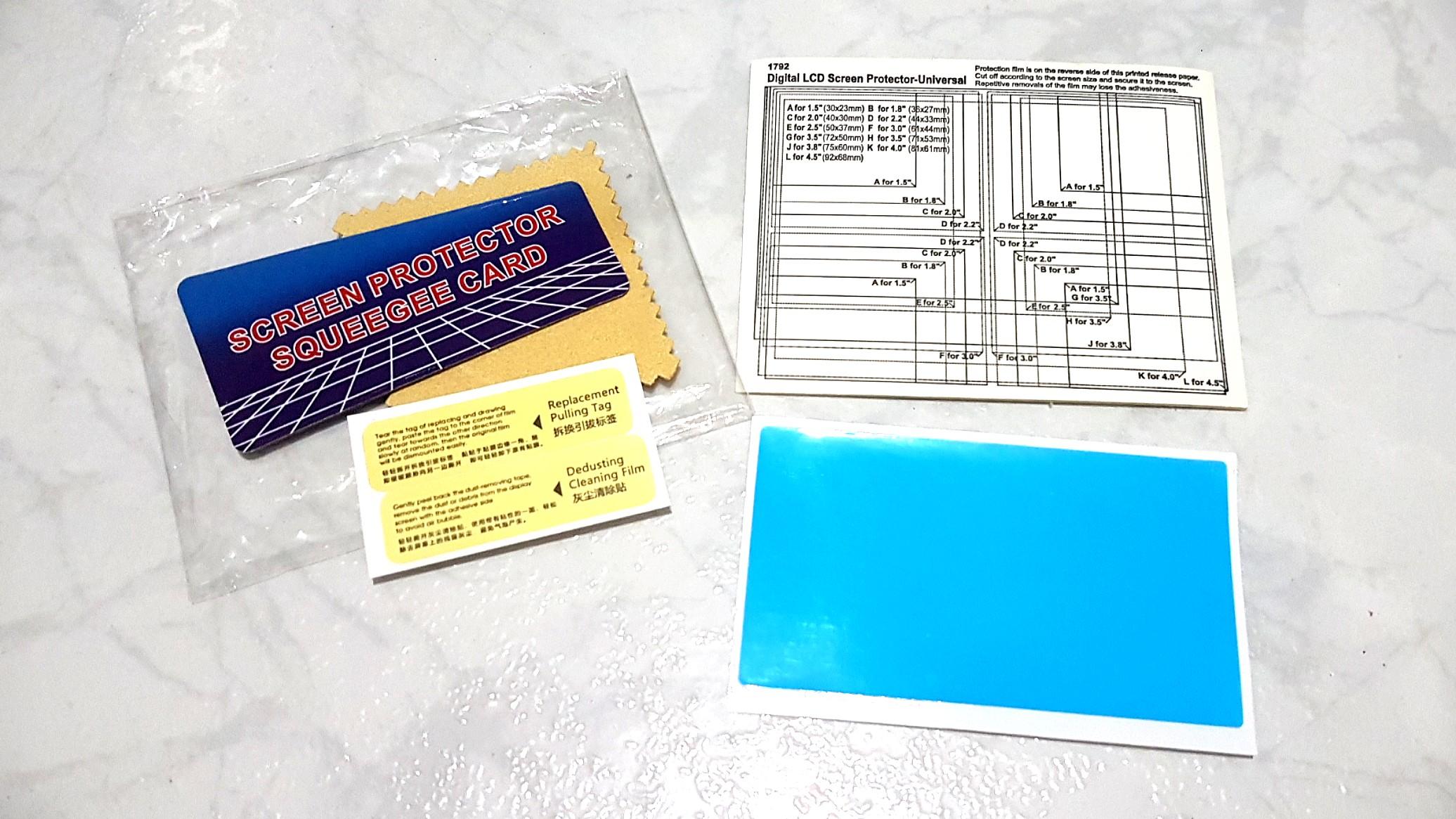 Screen Protector set (Category: Mounts & Holders) located in Singapore. Submitted by sweetshare (Listing ID 208687562, Image 1). Description: ✔️Free shipping by normal mail 1 Transparent & 1 Blue Screen Protectors Film type Customise cut according to screen size guide Universal Digital Screen Protector Multipurpose - Suitable For Digital camera, phones, gadgets LCD screens etc. + Squeegee Card + Cleaning Cloth + Replacement Pulling Tag + Dedustin