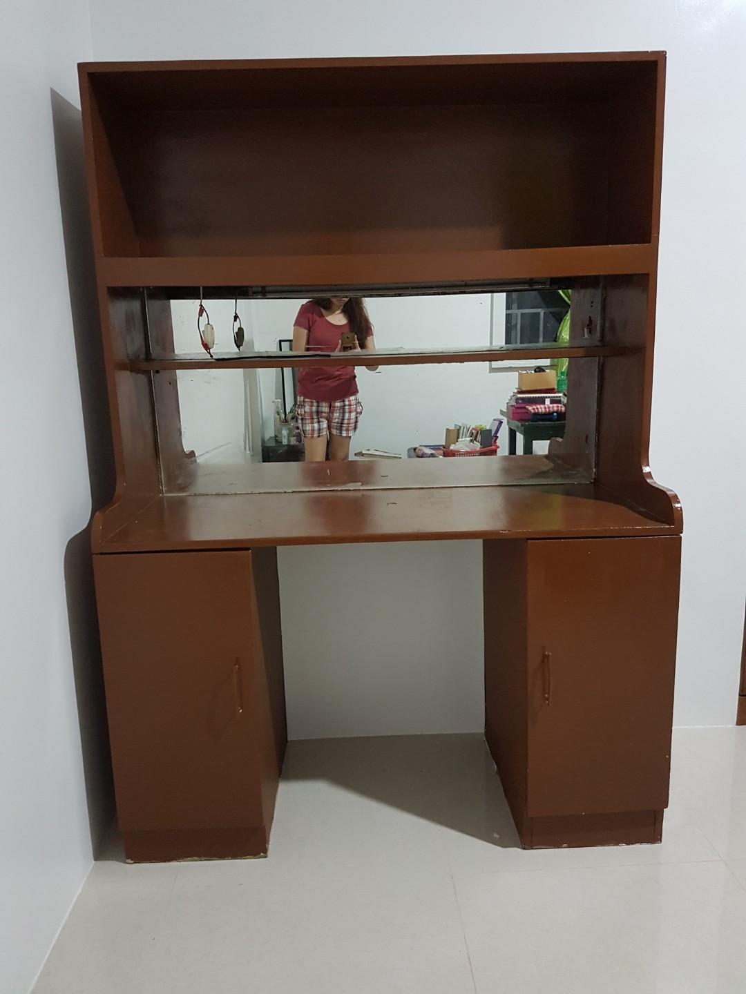 Sturdy Study Table (Category: Tables & Sets) located in Caloocan City. Submitted by jamade (Listing ID 208702936, Image 1). Description: Very sturdy study table. Made from Marine Solid Plywood. Comes with its built-in Mirror, Shelf (for your books) and bottom Cabinet (for your bagpacks and other stuff) 😊 Perfect for students 😊 Price is negotiable. Hit me with your best offer! Available for pick up, or deliver (with fee). DM for full details..