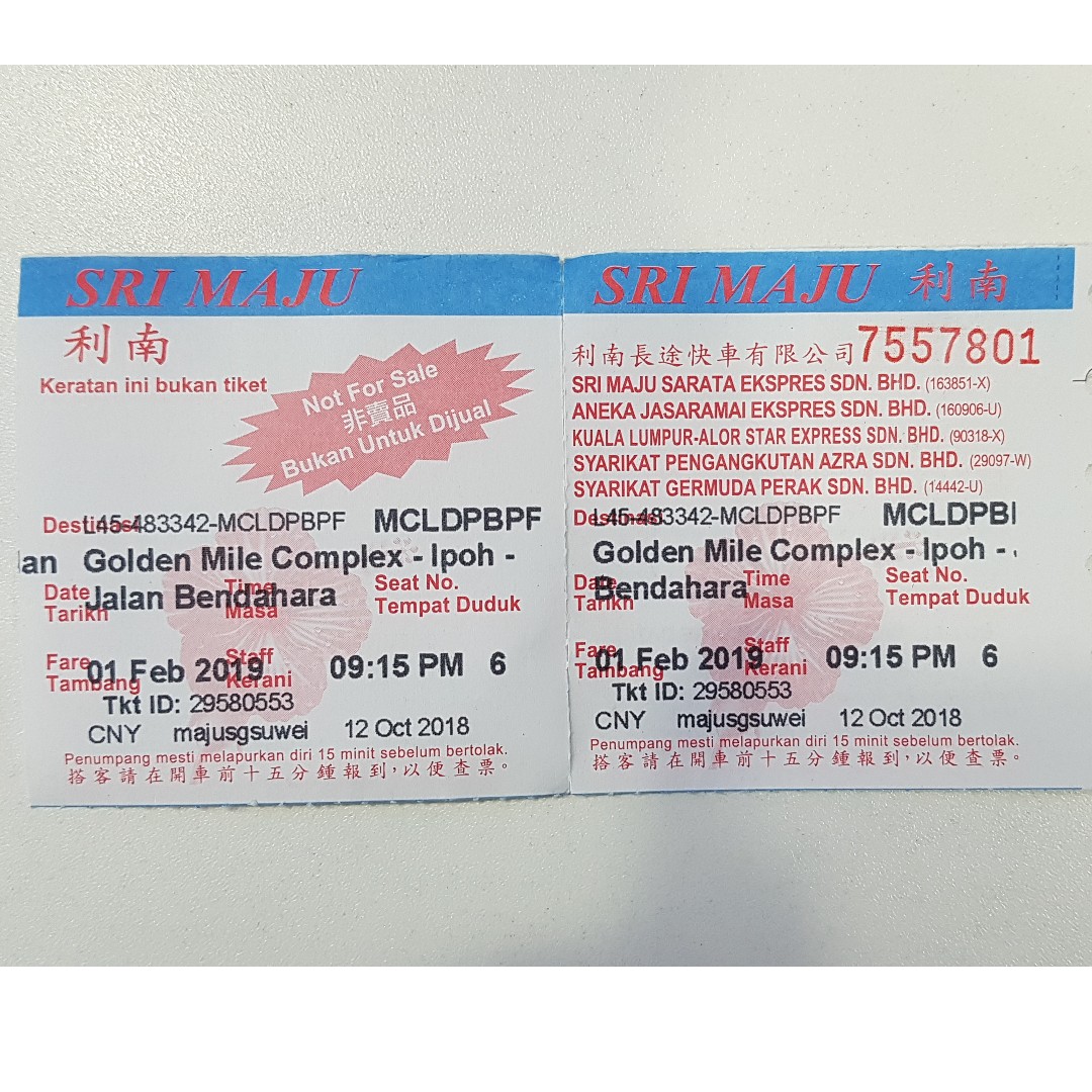 Cny Bus Ticket From Singapore To Ipoh 1st Feb 2019 9 15pm Golden Mile Everything Else On Carousell