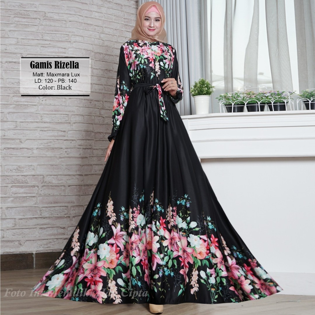 Pre order Muslimah Rizella maxi printed dress plus size long sleeve black pink