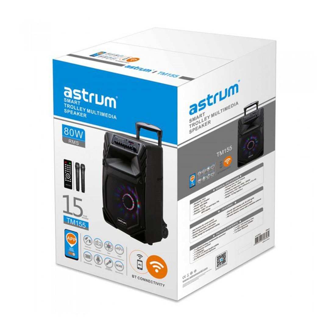 Astrum TM155 Trolley Multimedia Wireless Bluetooth Speaker TM155 (Category: Soundbars, Speakers & Amplifiers) located in Mandaluyong City. Submitted by princessshyph (Listing ID 209023399, Image 3). Description: Astrum TM155 Trolley Multimedia Wireless Bluetooth Speaker 15" Subwoofer Tripod Stand 80W RMS USB, SD, Aux, BT, FM Radio, Antenna, Mic, Remote, Led Lights Karaoke 15" Trolley style wireless speaker with 80W RMS power, supports control fro