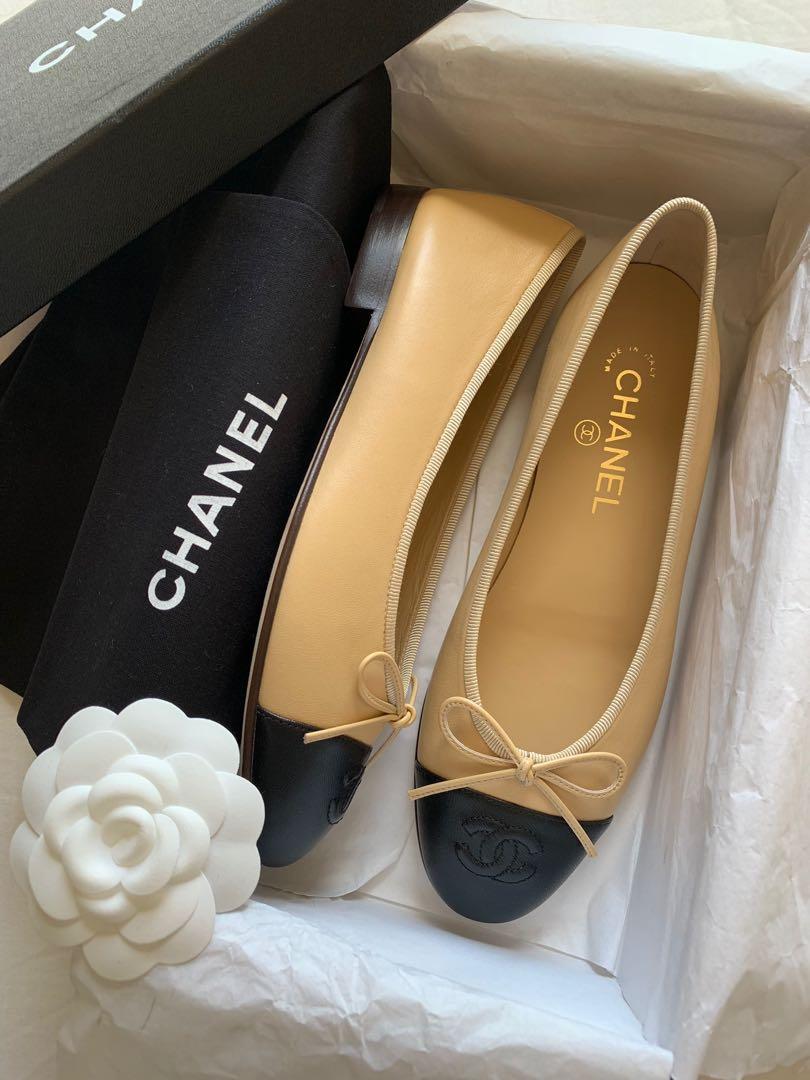 BNIB Chanel Lambskin Cap Toe Ballerina Flats, Luxury BNIB Chanel Lambskin Cap Toe Ballerina Flats, Luxury