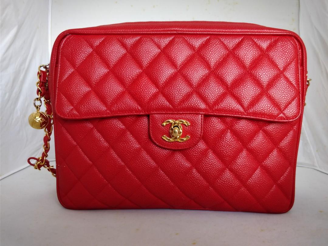 CHANEL red quilted caviar leather CC charm zip top chain shoulder bag