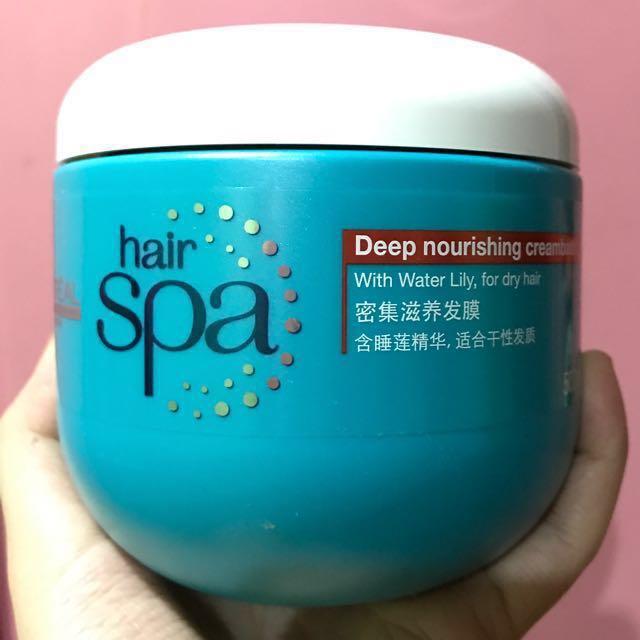 L'OREAL HAIR SPA 500mL (Category: Hair) located in Manila. Submitted by pepperscornerstore (Listing ID 79502348, Image 1). Description: 💦 L'OREAL HAIR SPA 500mL 💦 Enriched with water lily and purified water, this deep nourishing creambath intensely nourishes your hair inside and out. Through massage, it deeply treats and gorges the fiber with nutrients and moisture for healthy, soft & shiny hair full of life. DIRECTION OF USE: Apply on shampooe