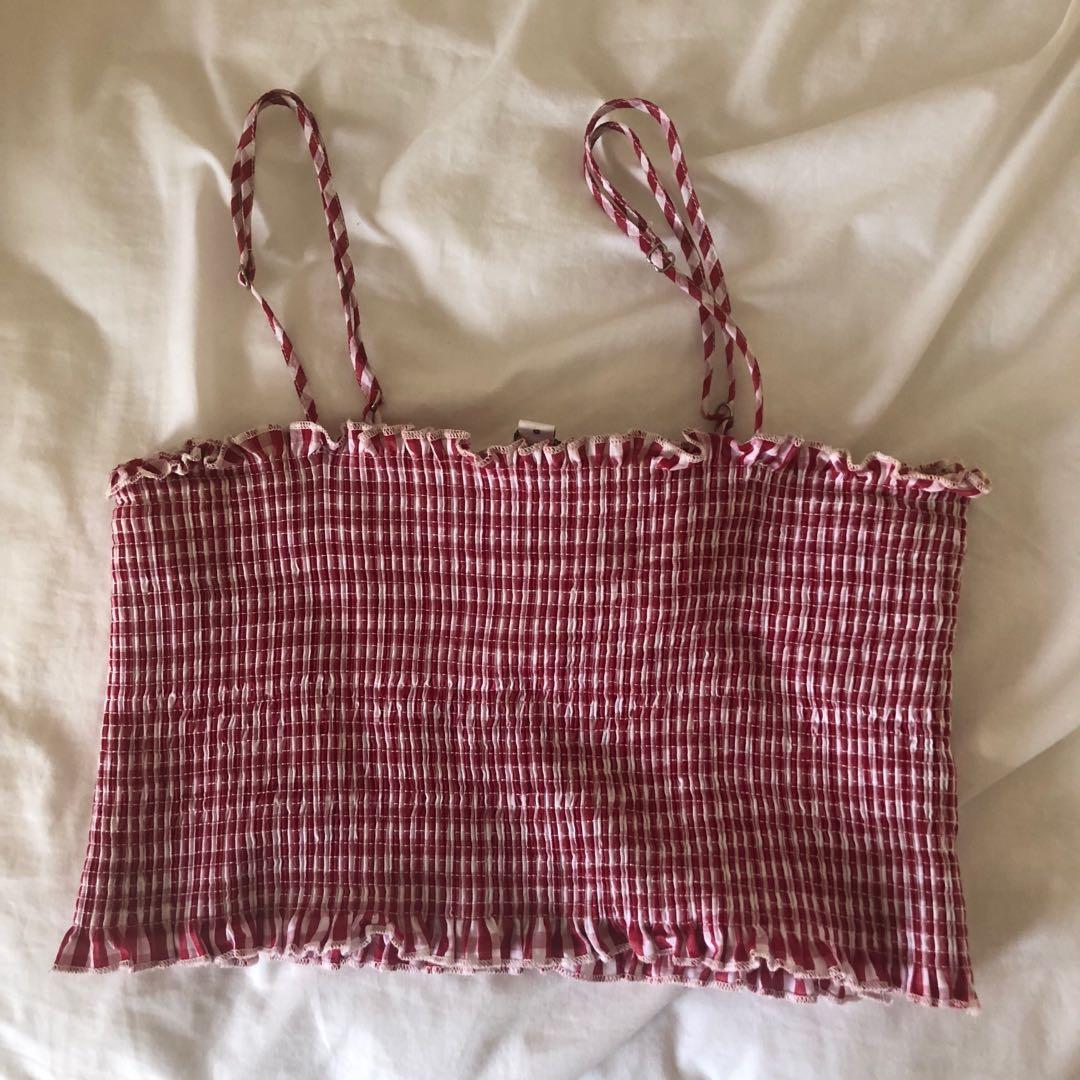 Luck Trouble Red and White Gingham stripe Crop top Women s