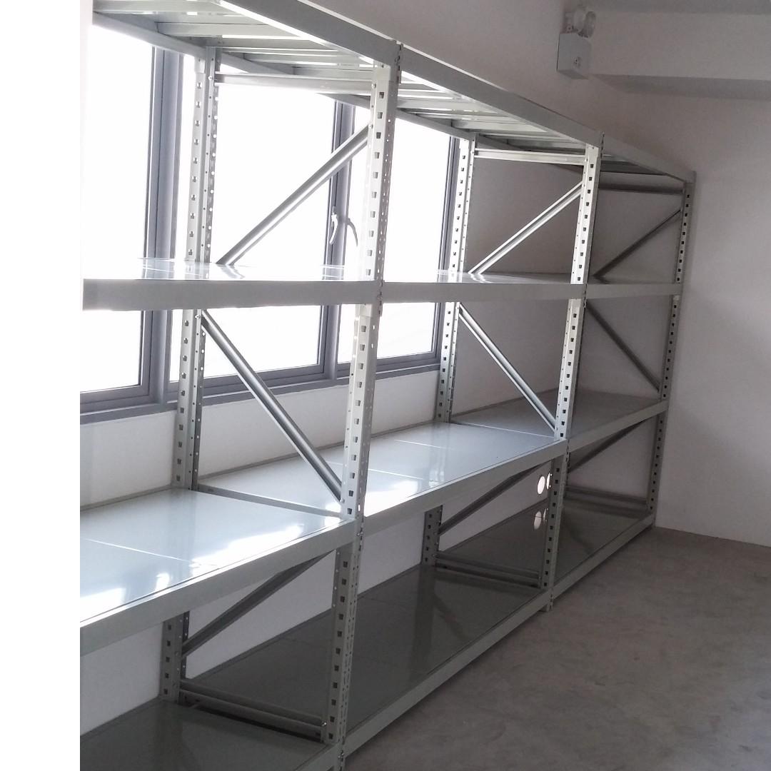Medium Rack (Category: Shelves, Cabinets & Racks) located in Singapore. Submitted by uuhong (Listing ID 209015558, Image 2). Description: Variable sizes; Length - 1000mm, 1200mm, 1500mm, 1800mm Depth - 400mm, 600mm Hight - 2000mm, 2500mm Load capacity 400-500kg per level Color in light Grey .