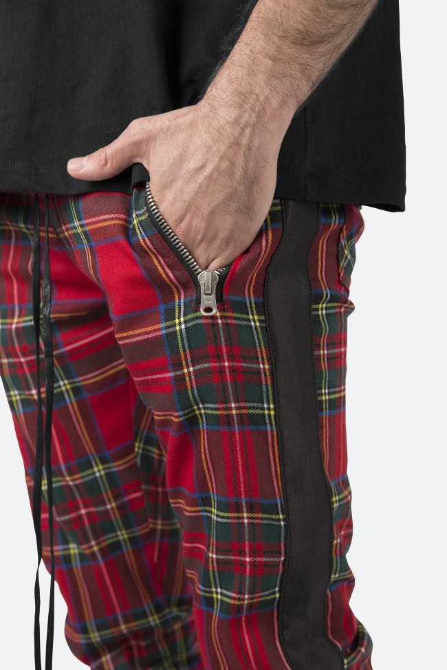 red plaid track pants
