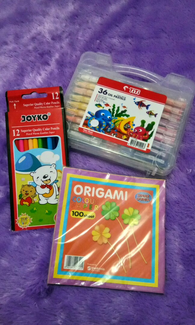 Paket Mewarnai & Origami Crayon Pensil warna Kertas origami