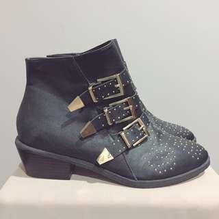 Women's Black Buckled Gold-studded Heel Boots