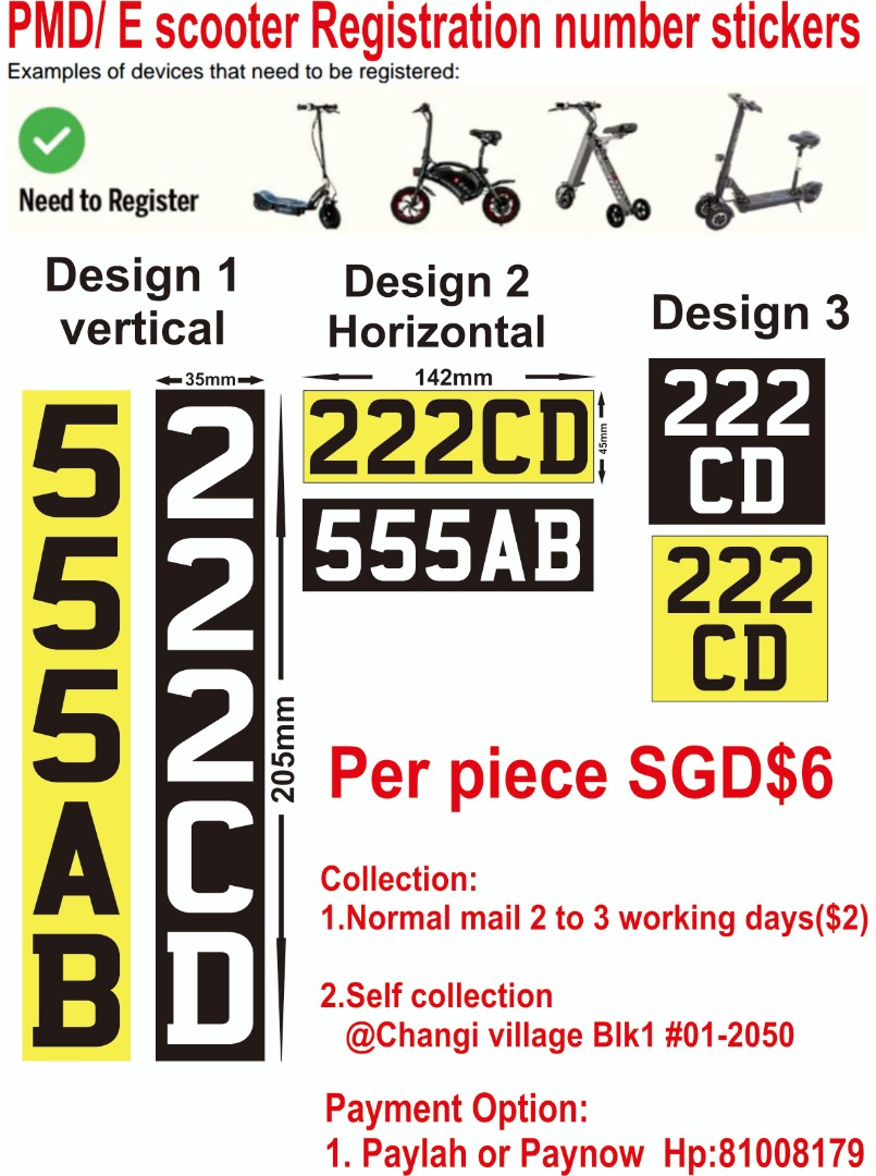 E scooter / PMD plate number stickers. One piece 8 dollars including