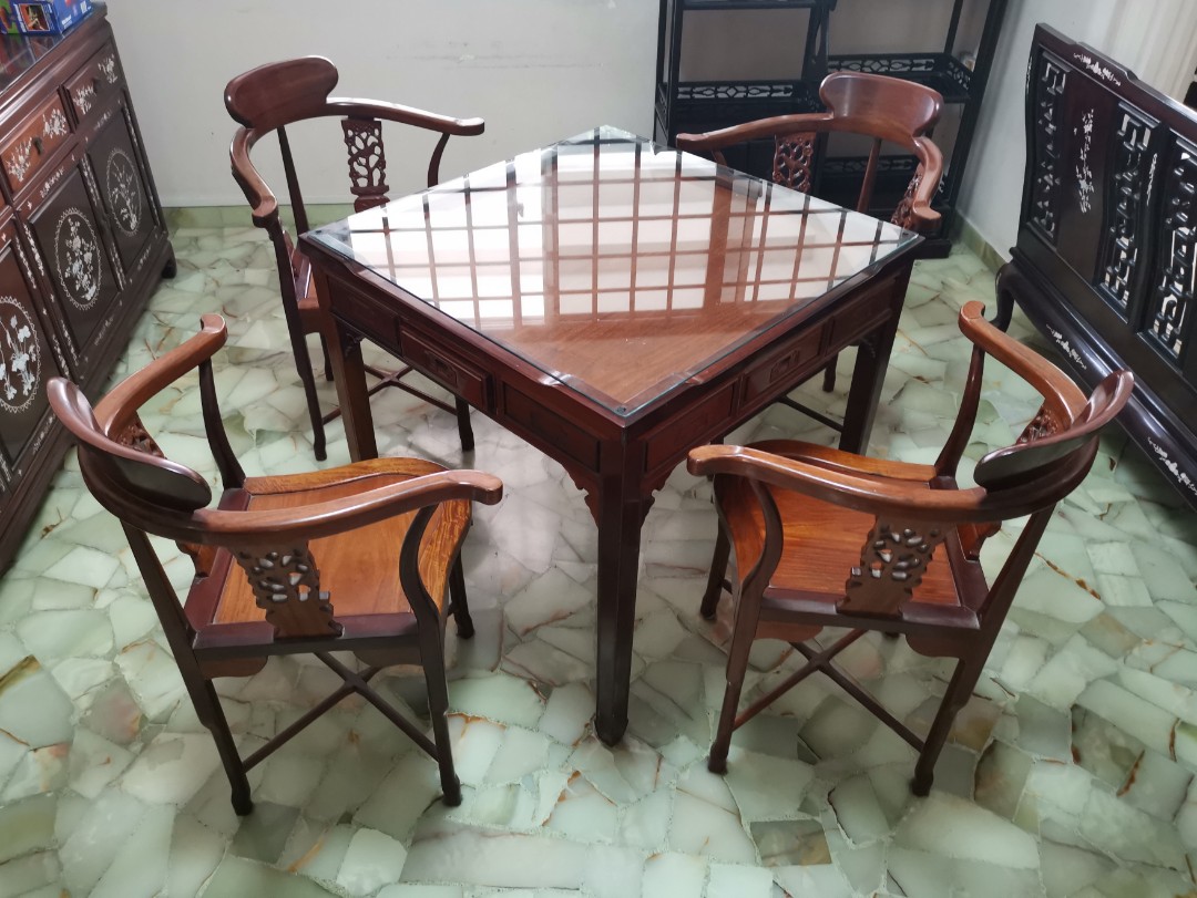 Antique chinese wood table (mahjong) with 4 chairs, Furniture, Tables