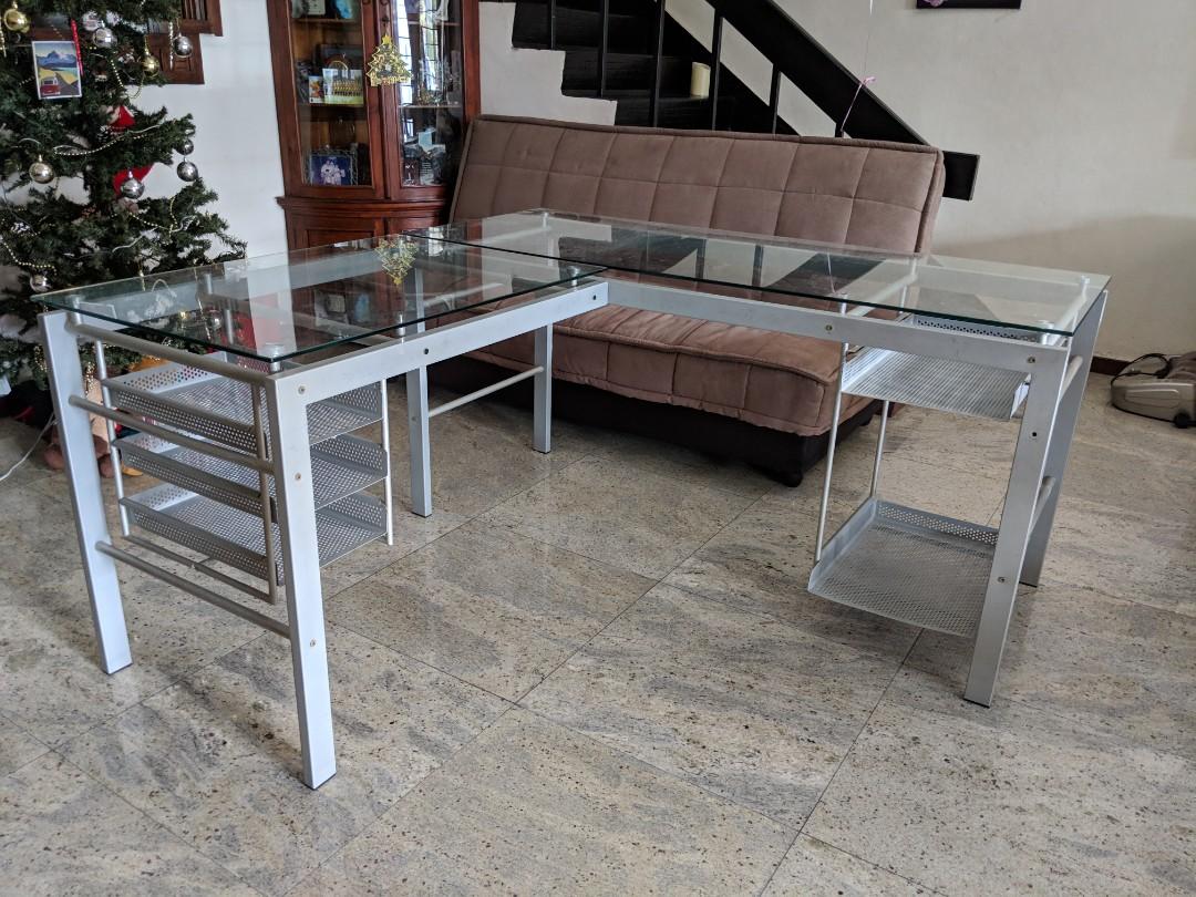 L Shaped Glass Study Table With Drawers Furniture Tables
