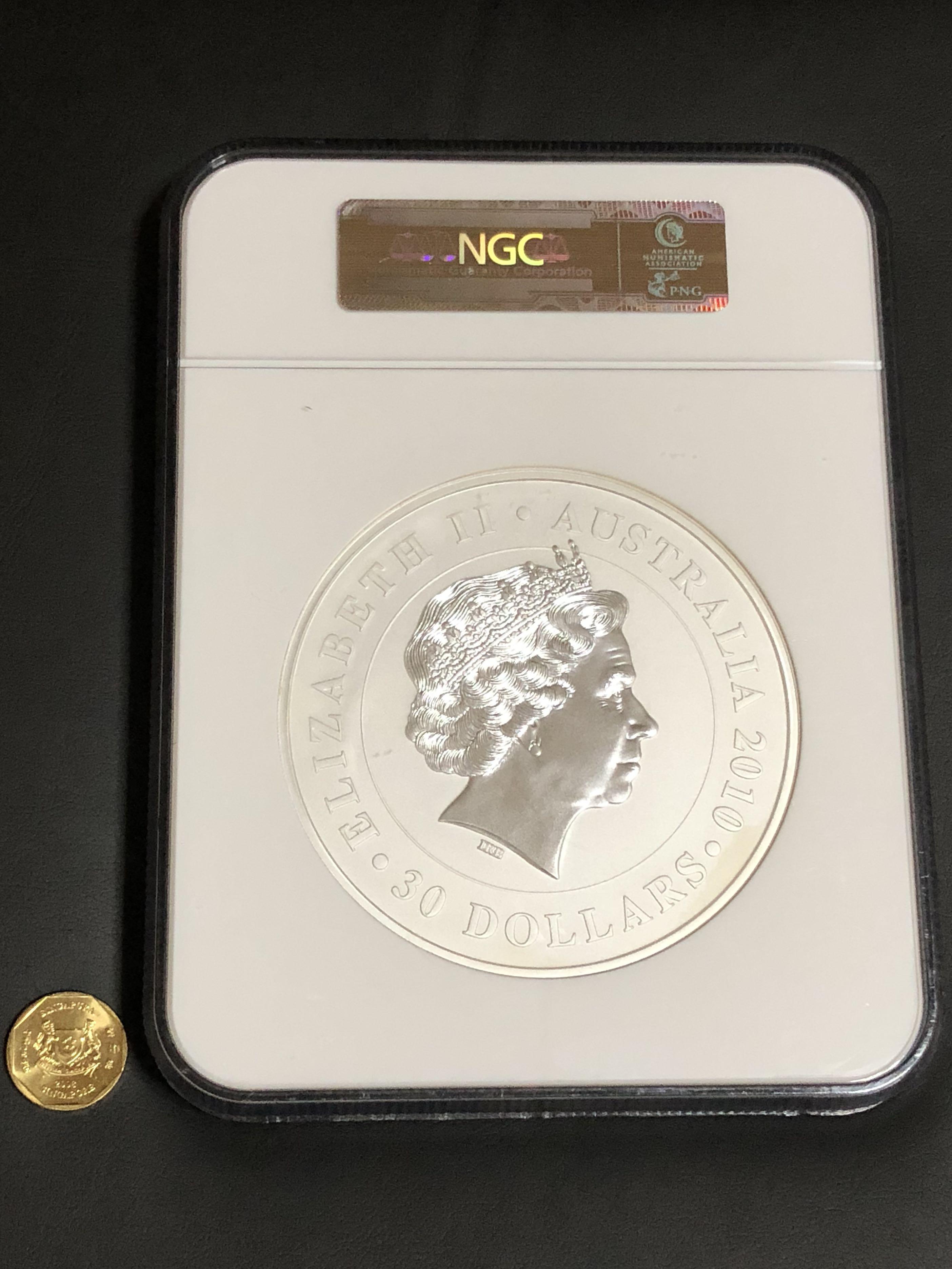 Perth Mint Giant Kilo coin Koala 2010 NGC70 999 1kg silver bullion (Category: Precious Stones) located in Singapore. Submitted by genuinetreasurebox (Listing ID 208275689, Image 2). Description: Perth Mint Giant Kilo coin Koala 2010 NGC70 999 1kg silver bullion NGC70 is the highest grade for coin certification. Not all coins freshly from mint can achieve such grading. . This kilo silver coin is graded flawless and sealed as such for eternity. Thi