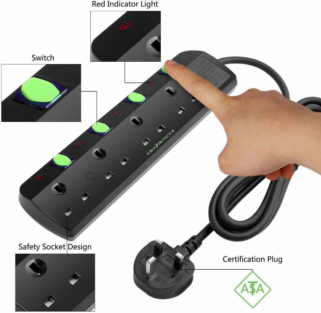 TISDLIP Switched Extension Lead 4 Gang 2M Black Surge Protected Power