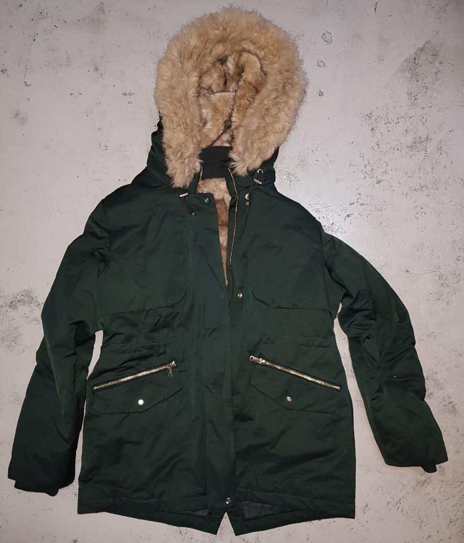 Zara Faux Fur Hooded Winter Coat Parka Dark Green Detachable Fur, Women'S  Fashion, Coats, Jackets And Outerwear On Carousell