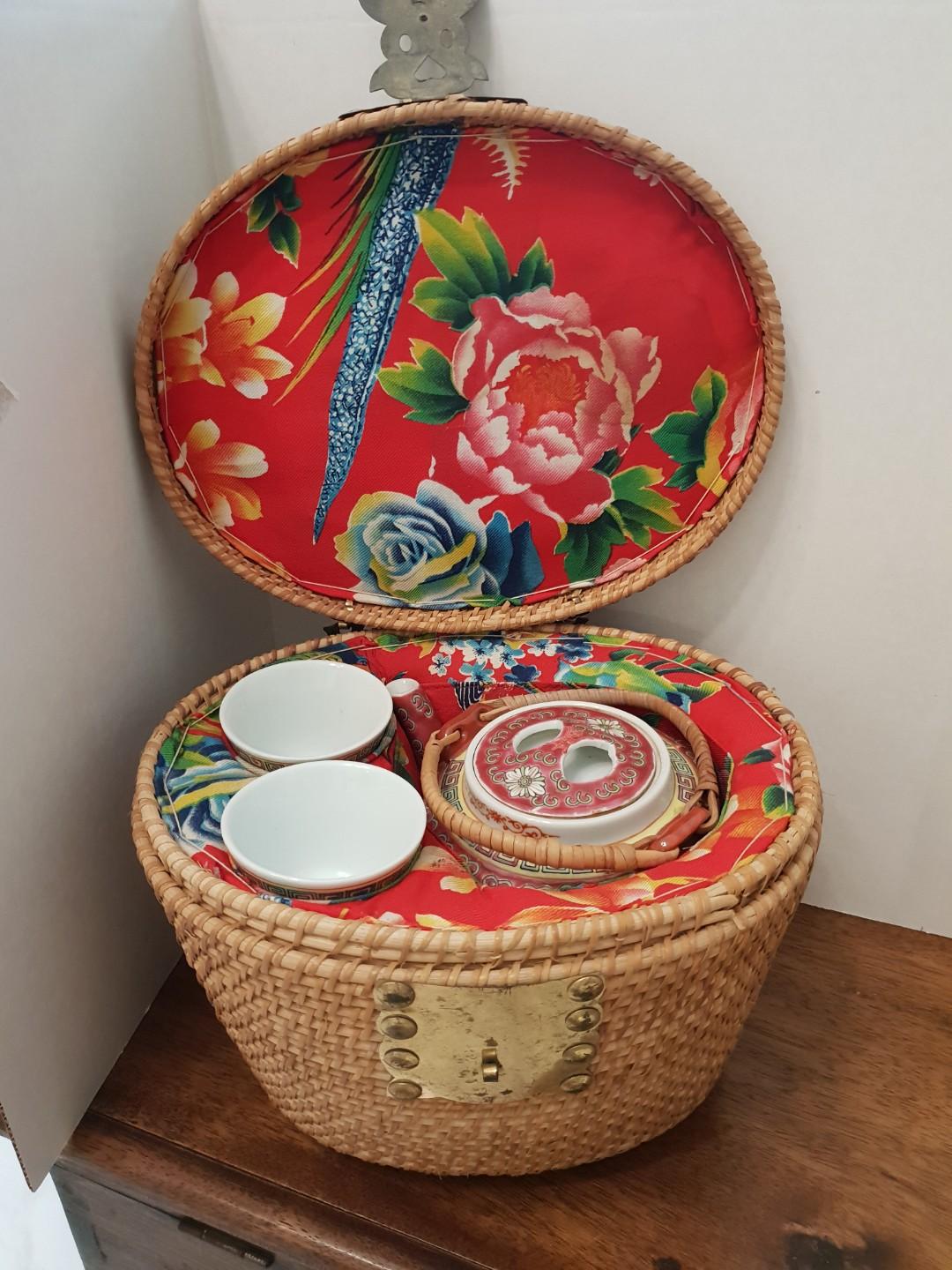 Vintage Chinese Tea Set with warmer basket, Furniture & Home Living