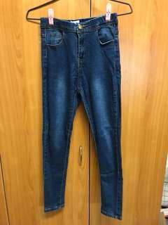 出清 近全新 刷色超美 腰部鬆緊 超瘦 超彈 藍色 牛仔褲👖M