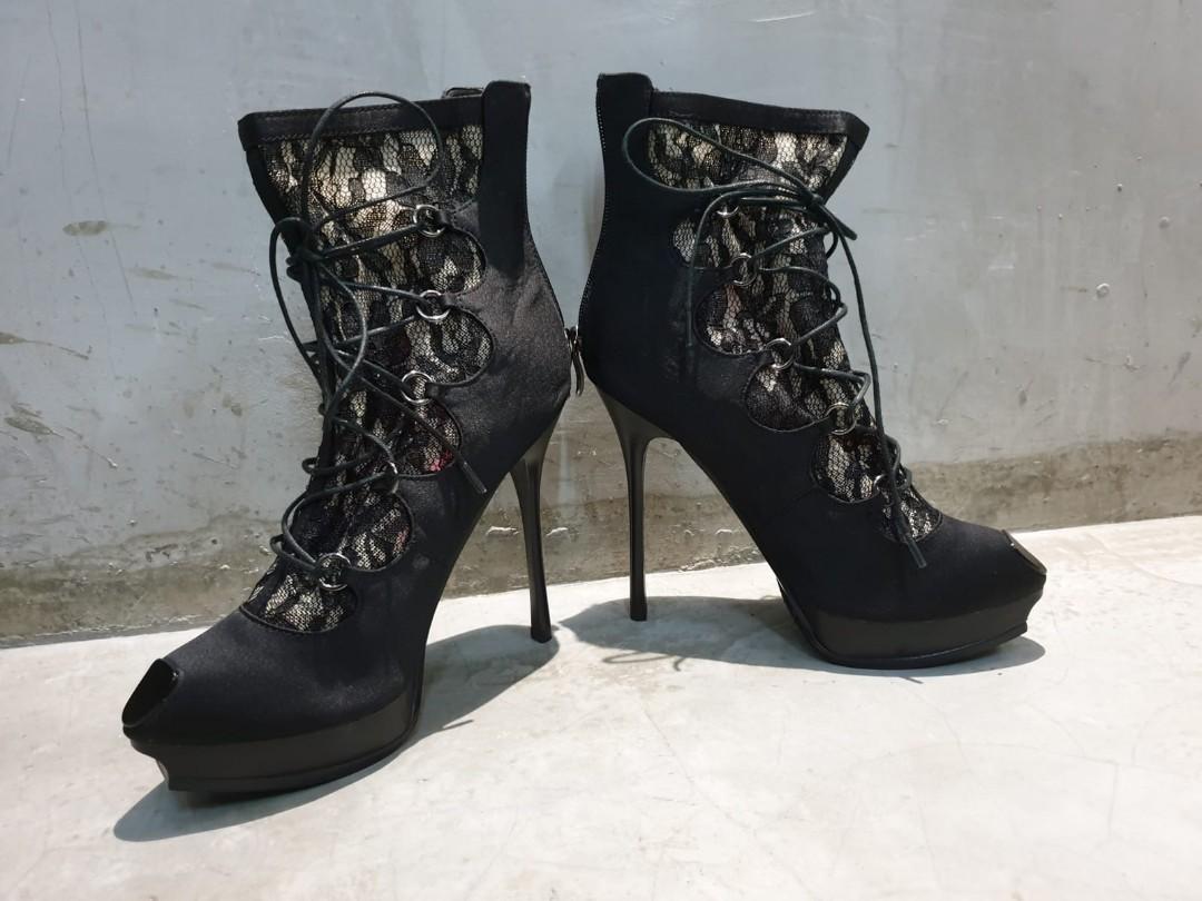 Art Ink Queen of Provocative Black Lace Heel Boots, Women's Fashion ...