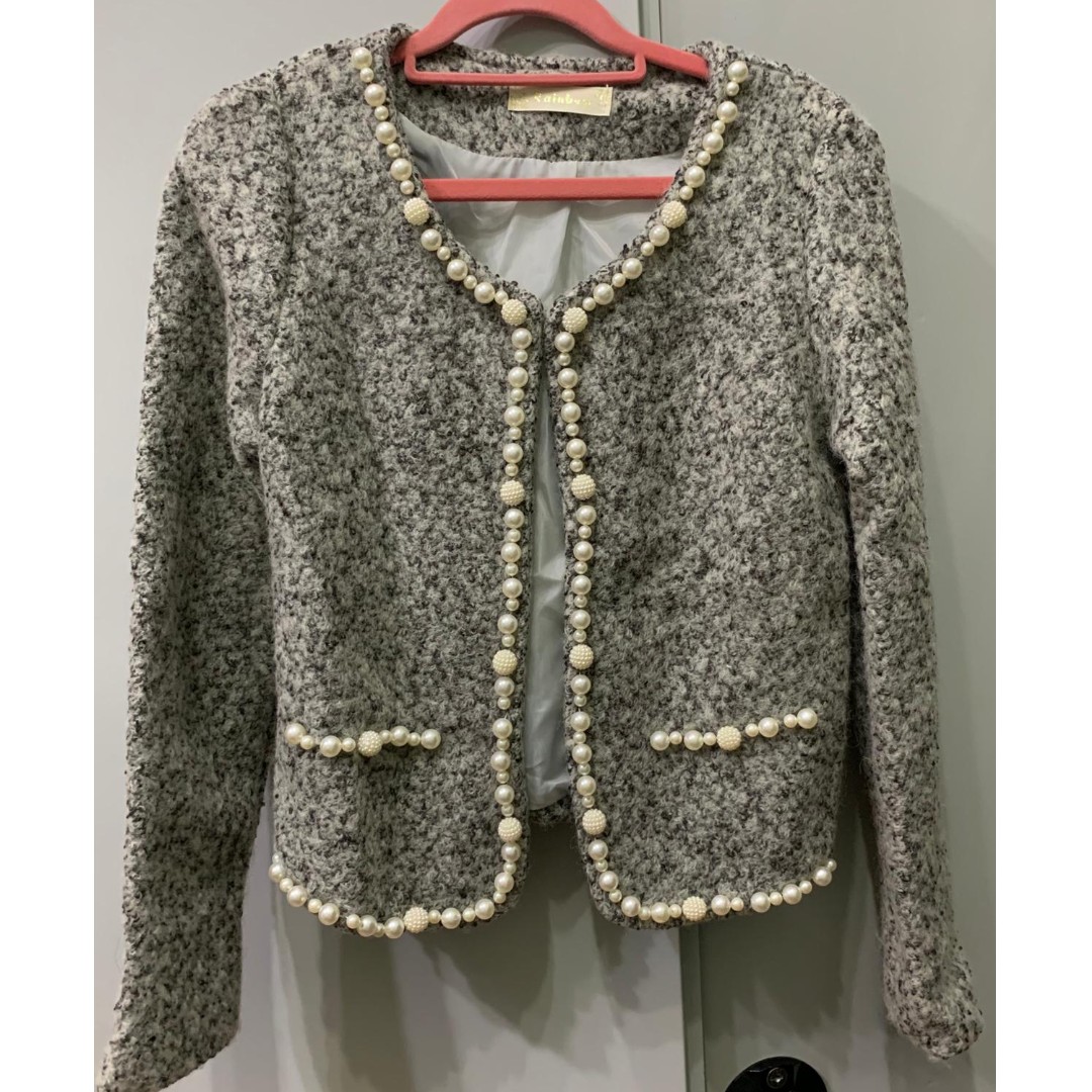 Chanel style tweed jacket - Grey with pearls, Women's Fashion, Coats ...
