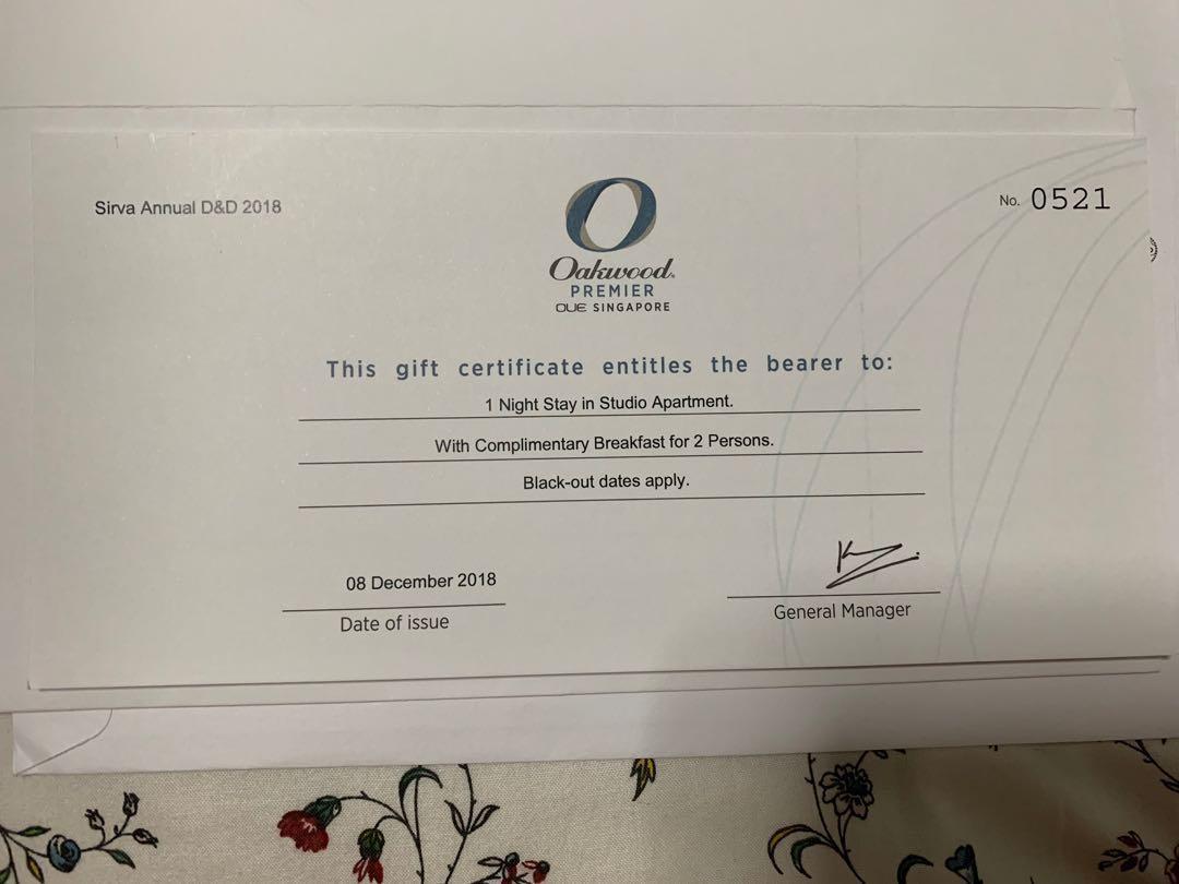 Oakwood Premier OUE Singapore Complimentary Voucher, Tickets & Vouchers