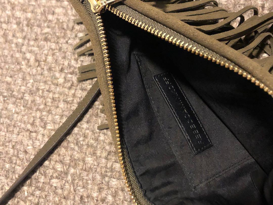Rebecca Minkoff Finn Sling Bag in Forest Green Suede with Fringe