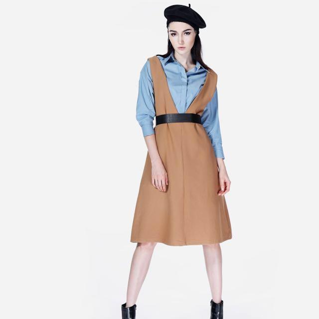 camel pinafore dress