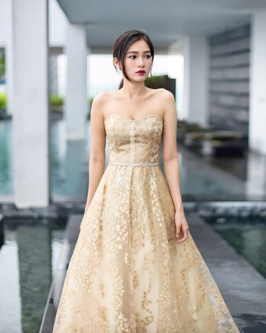 The Golden Star Gown Rent Gold Champagne Starry Night Award Dinner Evening Gown Women S Fashion Clothes Dresses On Carousell
