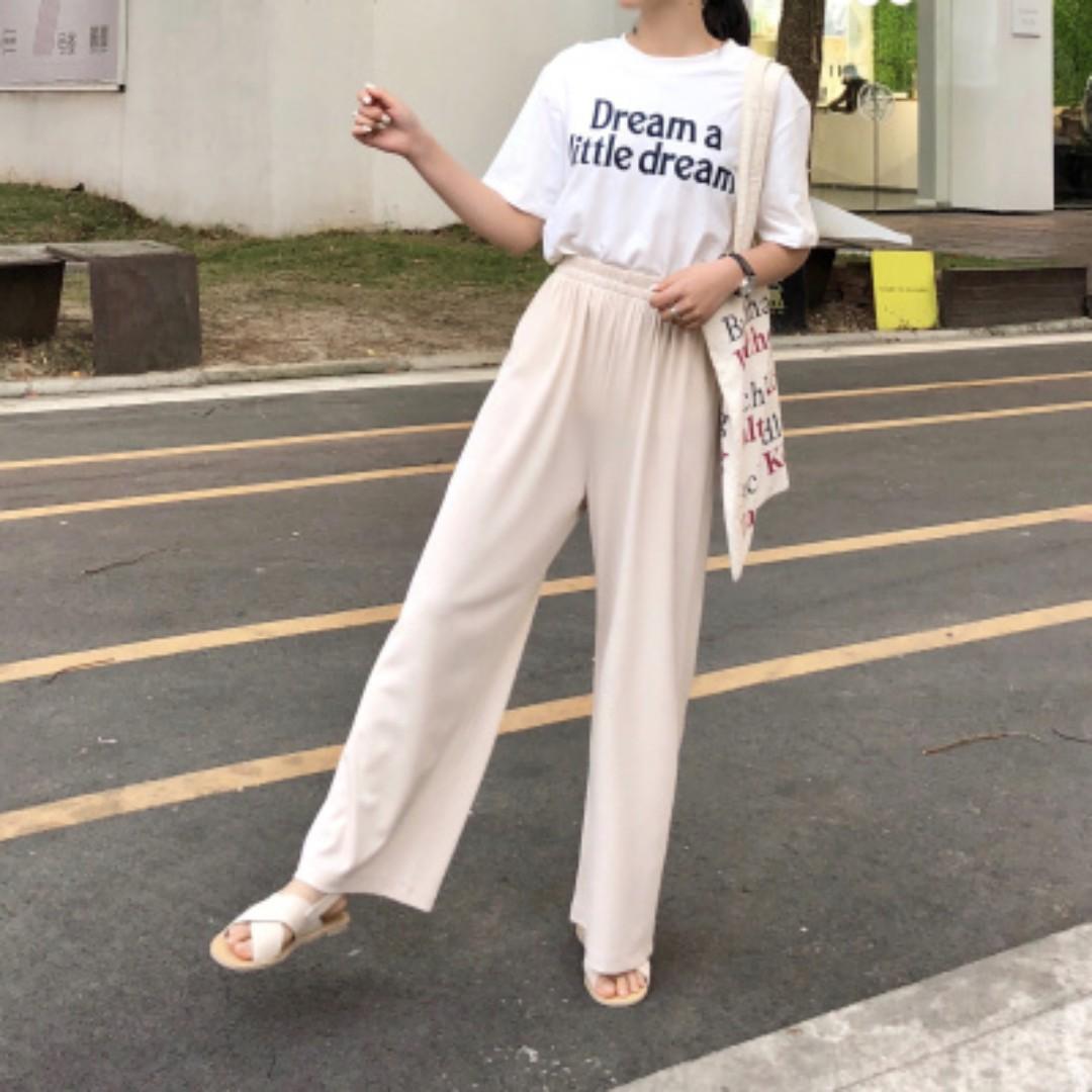 Women Korean Fashion Loose High Waist Wide Leg Straight Pants Black Apricot