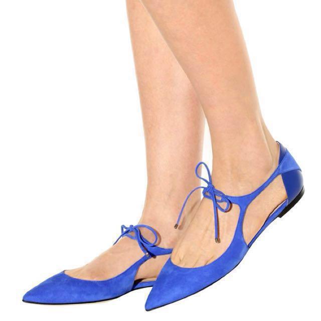 Jimmy Choo Vanessa Blue Suede and Nappa Leather Pointed Flats 37