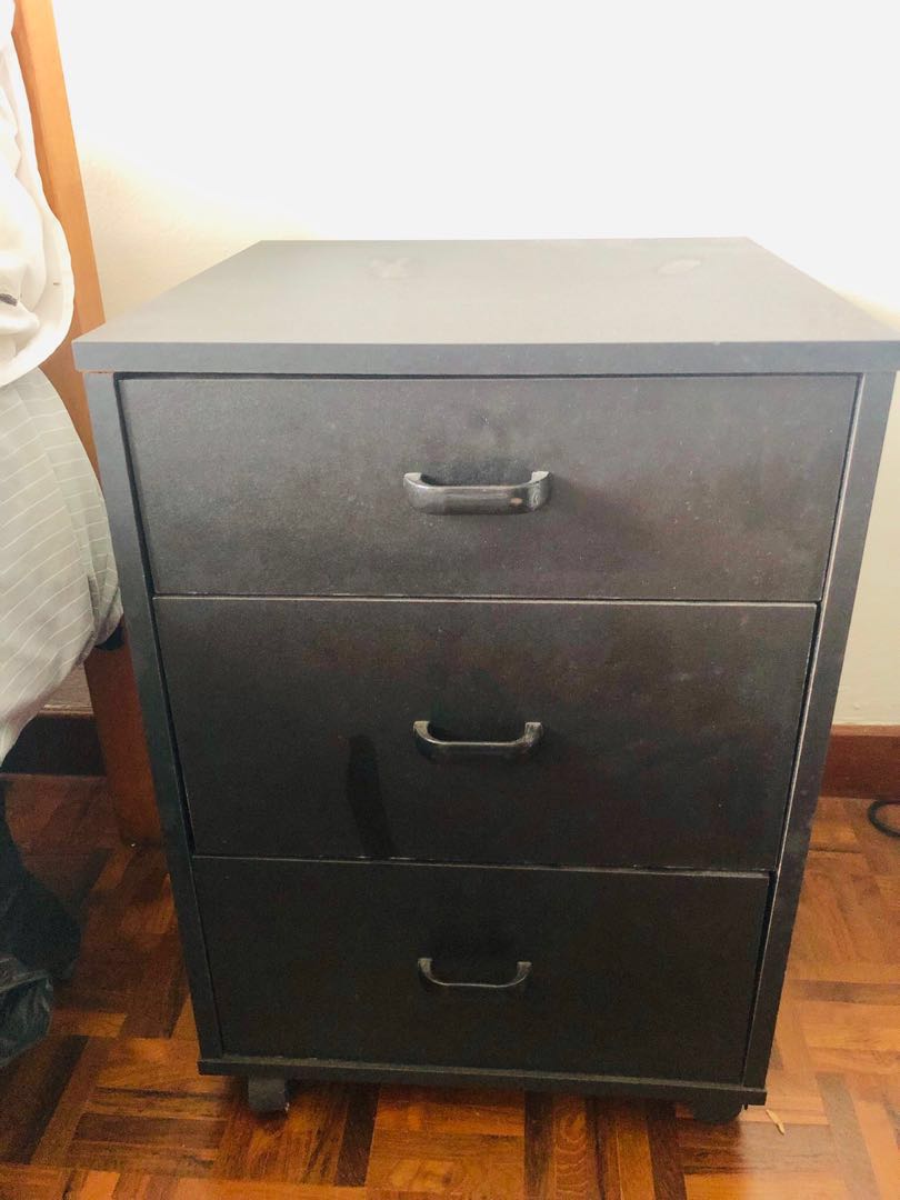 Bedside Table With 3 Drawers In Black Color 4 Wheels Photo