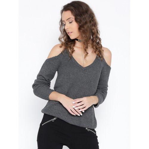 gray cold shoulder sweater