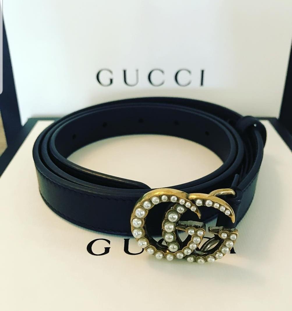 gucci leather belt with pearl double g