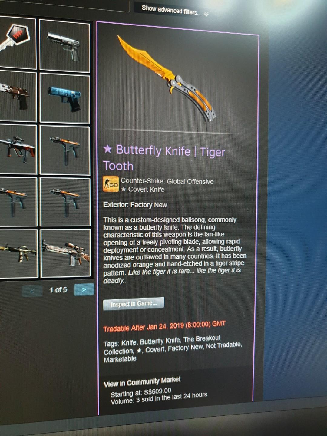 CSGO Butterfly Knife Tiger Tooth Factory New, Video Gaming, Gaming