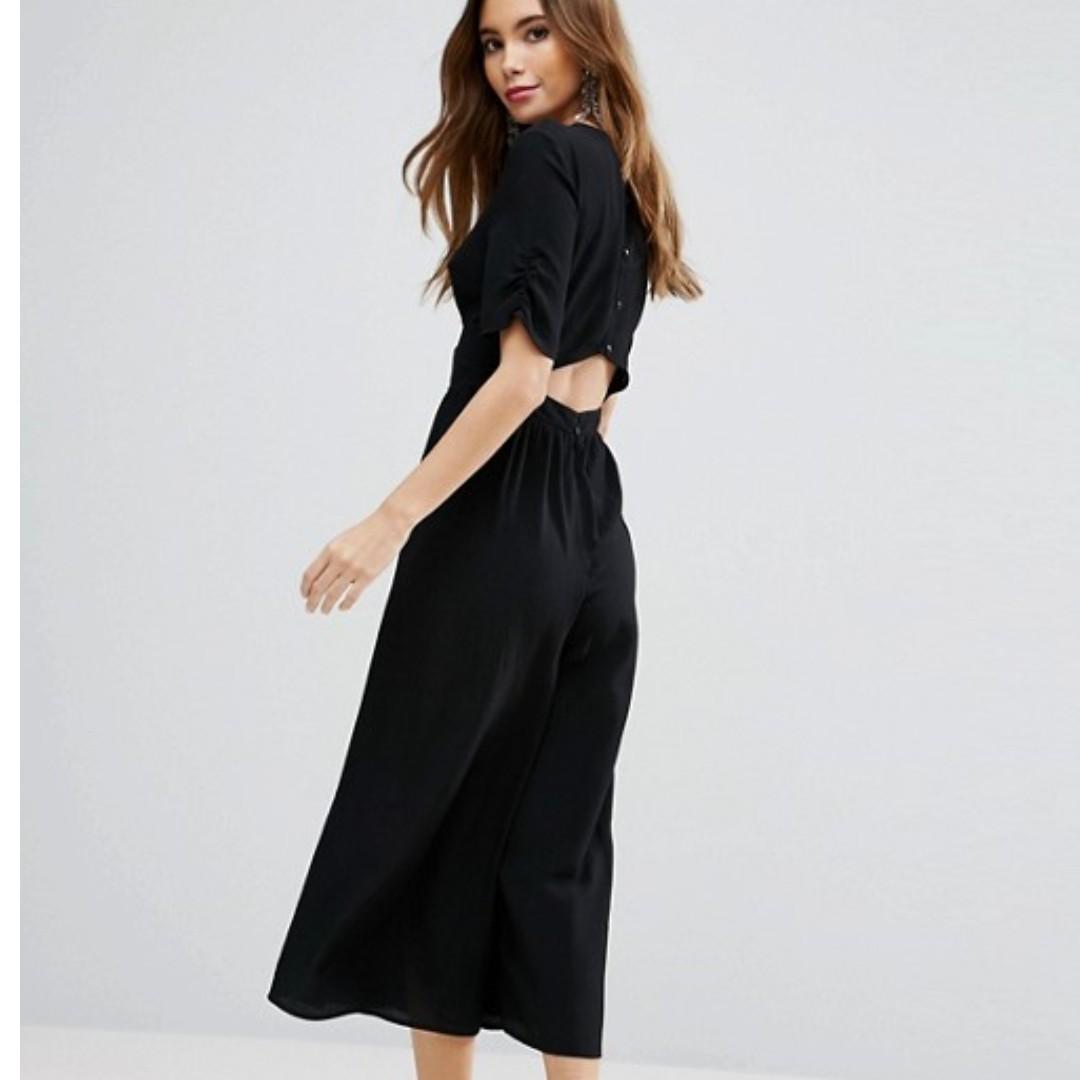 asos design tea jumpsuit with ruched sleeve detail