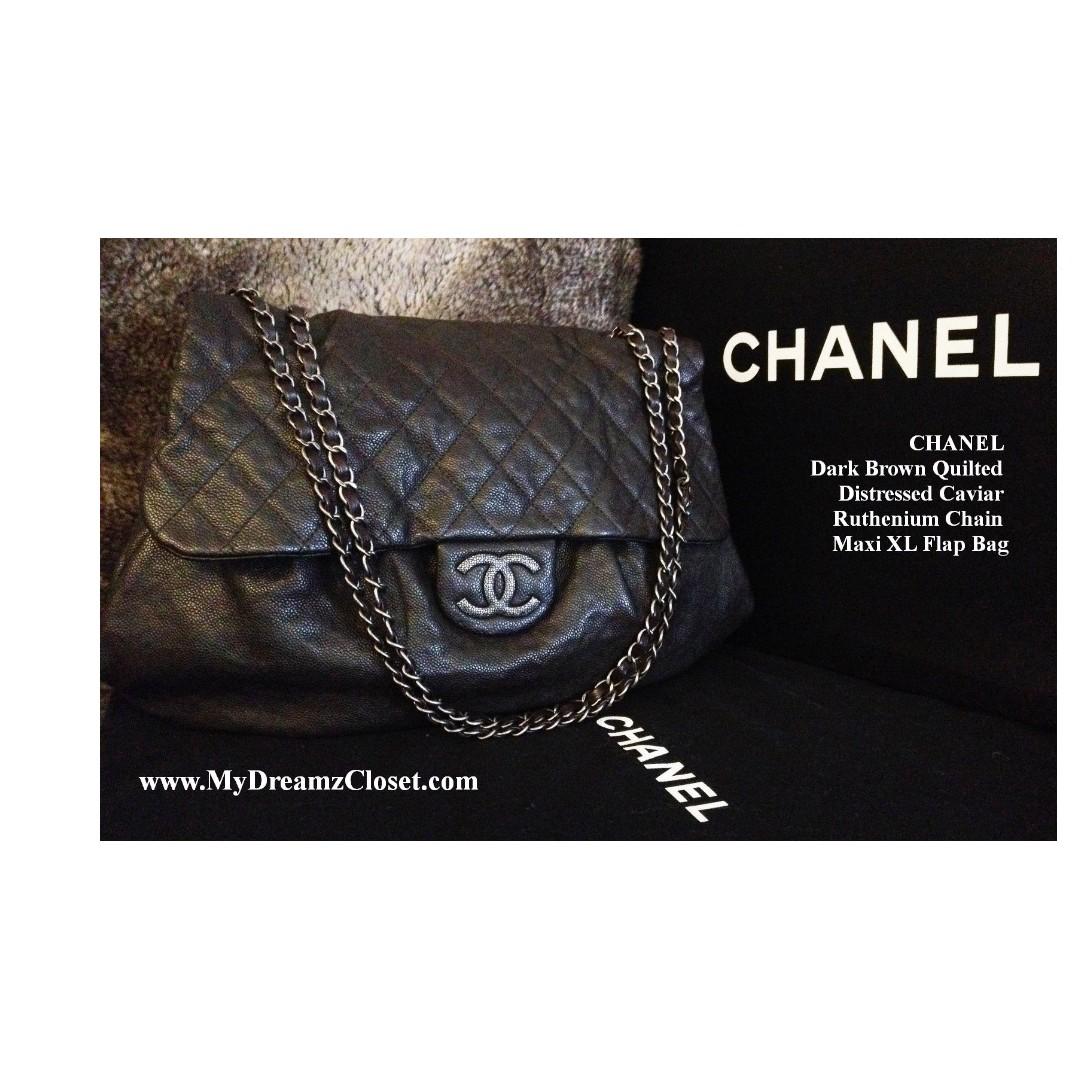 Sold Caviar 25 - CHANEL Dark Brown Quilted Distressed Caviar Ruthenium  Chain Maxi XL Flap Bag