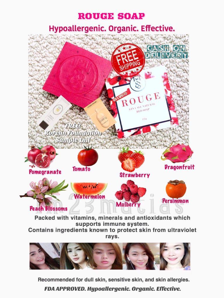COD!ROUGE 8 in 1 ORGANIC SOAP 😍 (Category: Health Food, Drinks & Tonics) located in Manila. Submitted by crystalsky23 (Listing ID 210388609, Image 1). Description: 🍓ROUGE 8in1🍒 ❤ALL NATURAL RED SOAP❤️️ #Active Ingredients 🔴Pomegranate ➡️ Antioxidant, Exfoliant, Vitamin C, Moisturizer 🔴Tomato ➡️Vitamin A and C, Skin Rejuvenation 🔴Persimmon ➡️Moisturize, Eliminates Noneanal (Aging) Odor 🔴Strawberry ➡️Acne Prevention, UV protection, Removes E