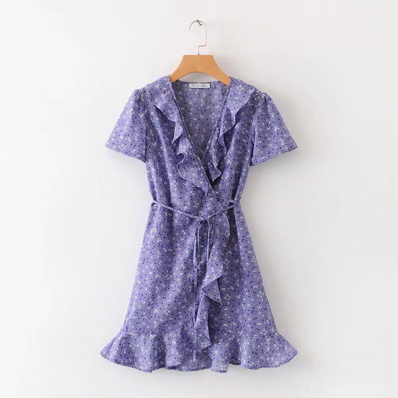 purple floral wrap dress