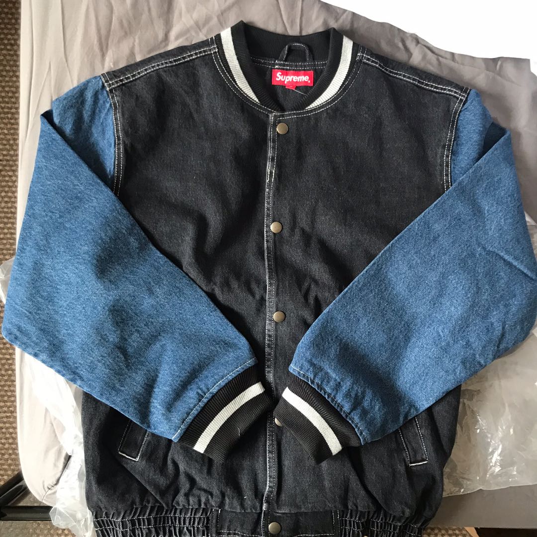 Size M - Supreme SS18 Denim Varsity Jacket, Men's Fashion, Coats 