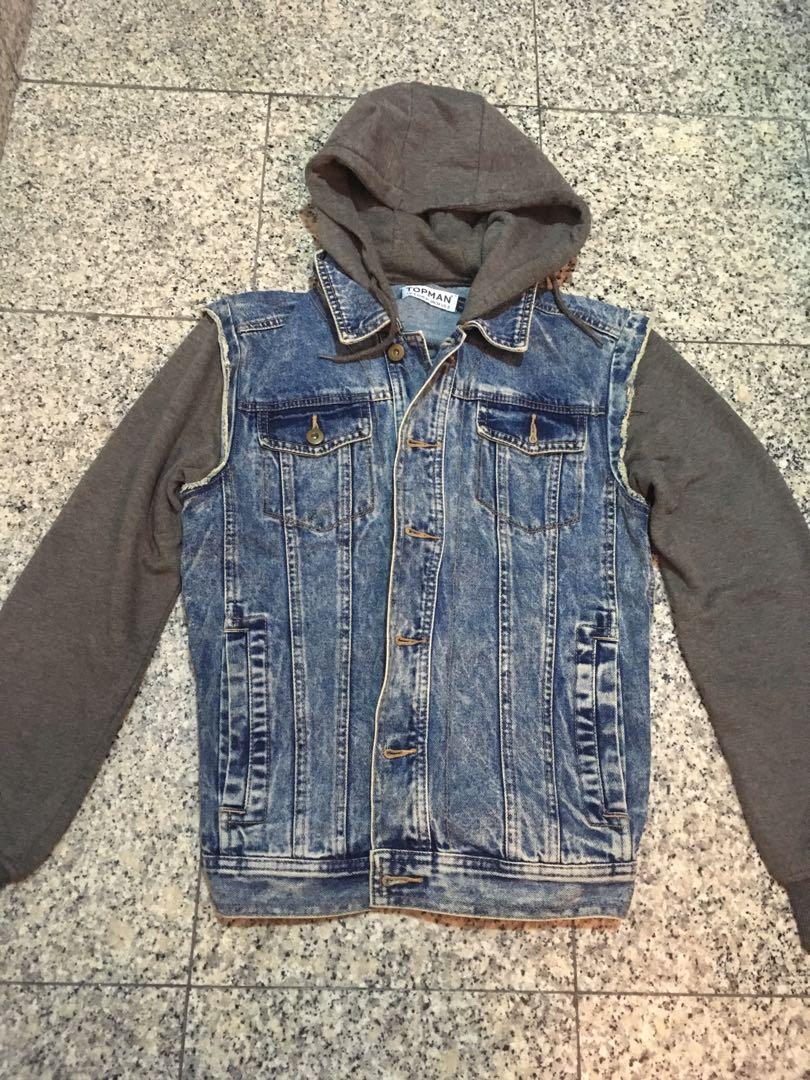Topman Hooded Blue Denim Jacket Grey Distressed Vest