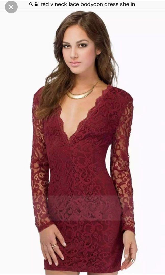 BRAND NEW Sheinside Wine Red V Neck Long Sleeve Lace Bodycon Dress