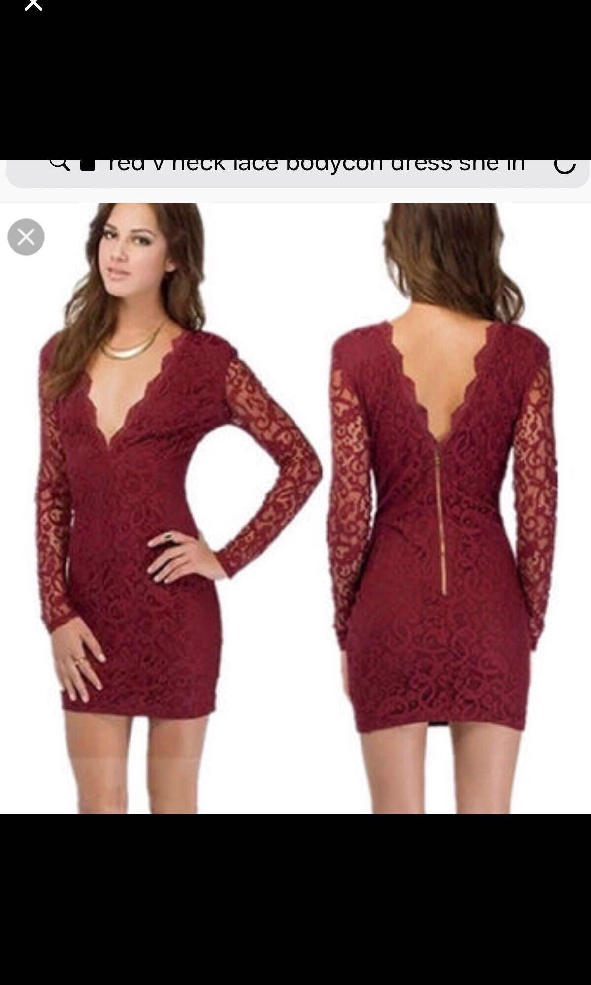 BRAND NEW Sheinside Wine Red V Neck Long Sleeve Lace Bodycon Dress