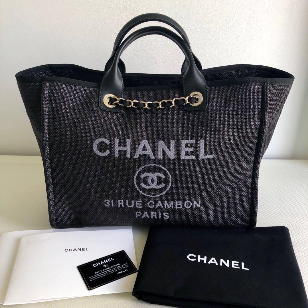 Chanel Black Canvas Large Deauville Tote Bag, Women's Fashion