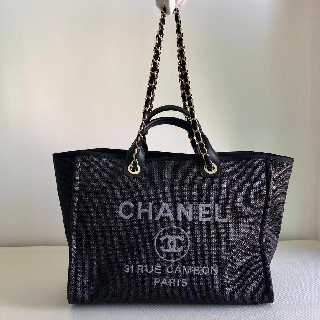 Chanel Deauville Tote Large, Black Canvas with Silver Hardware, Preowned in  Dustbag WA001