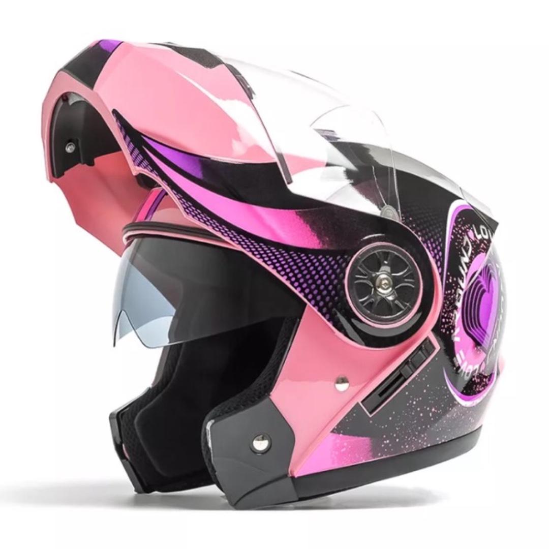 Pink with Purple and Black Designs Full Face Flip Up Motorcycle Bike