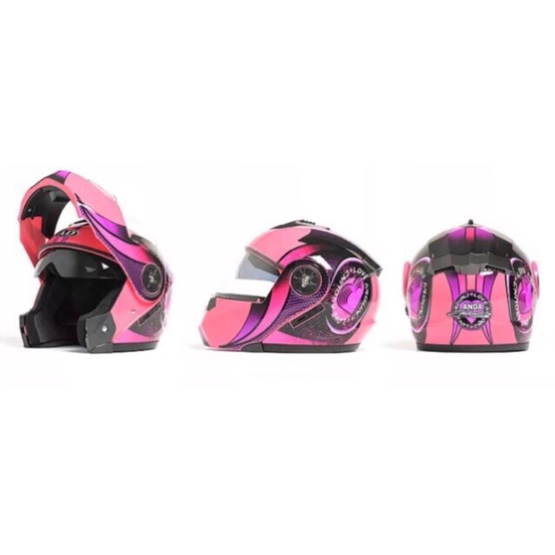 Pink with Purple and Black Designs Full Face Flip Up Motorcycle Bike