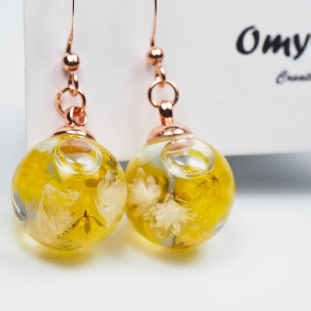 愛家作 Omyway黃色滿天星浮游花玻璃球玫瑰金色耳環耳夾1 4cm 手作 自家設計 手作產品 飾物 Carousell