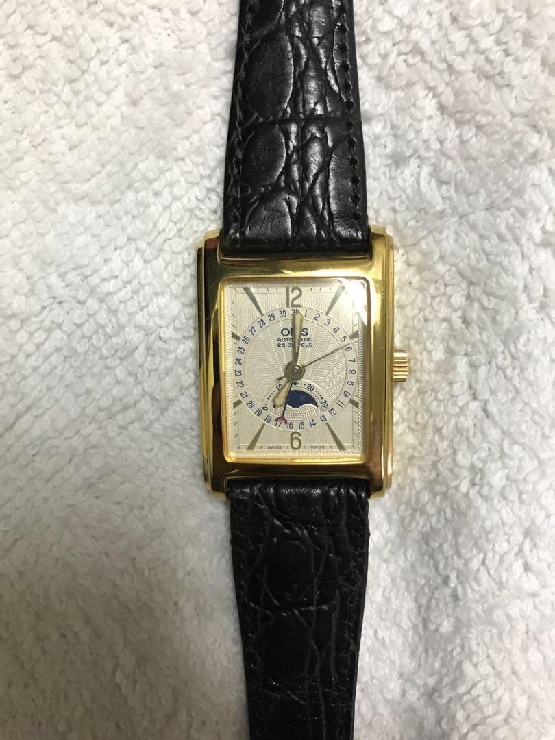 Wts oris automatic rectangular gold watch with date and moon phase