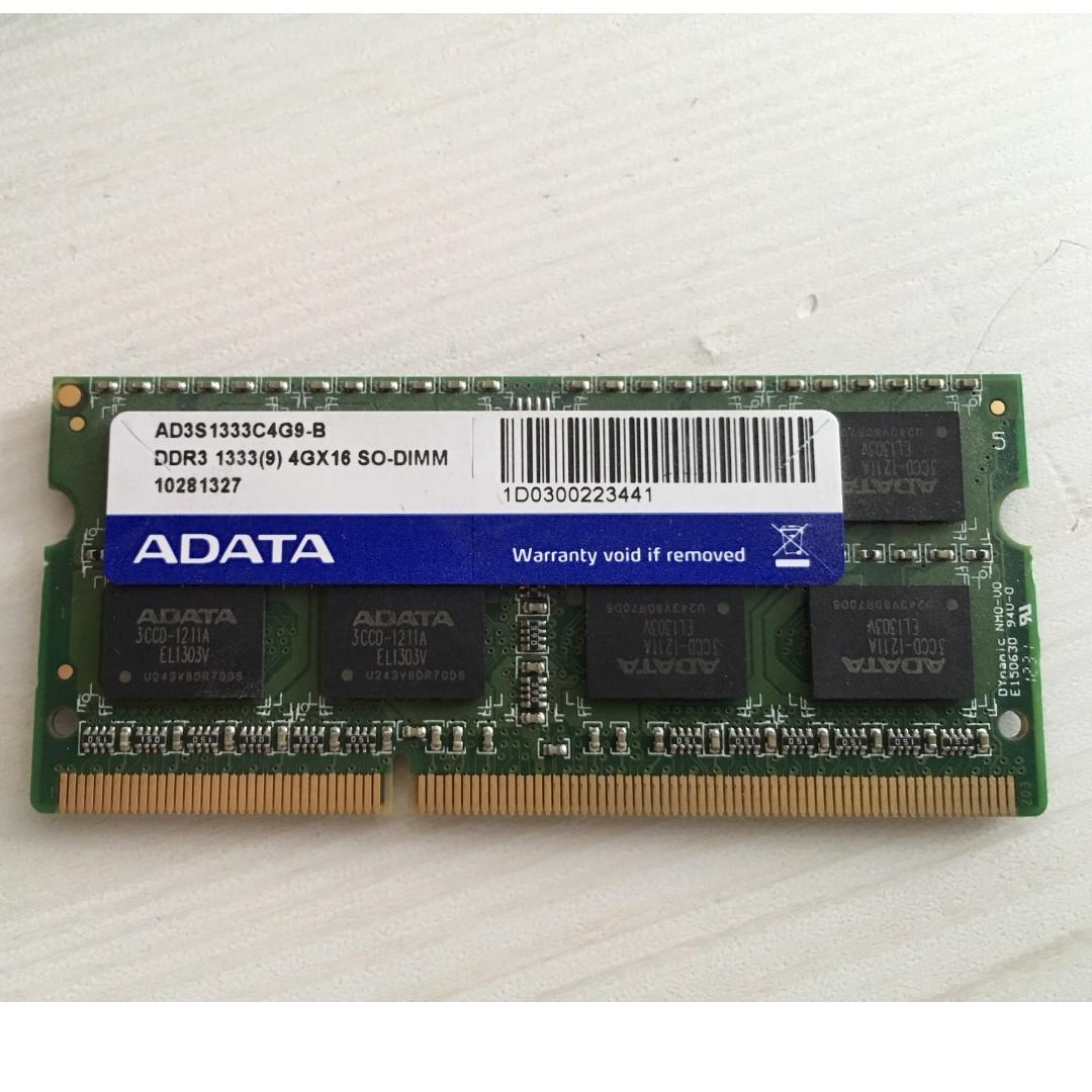 Adata Ddr3 Laptop Ram 4gb 1333 Mhz Electronics Computer Parts Accessories On Carousell